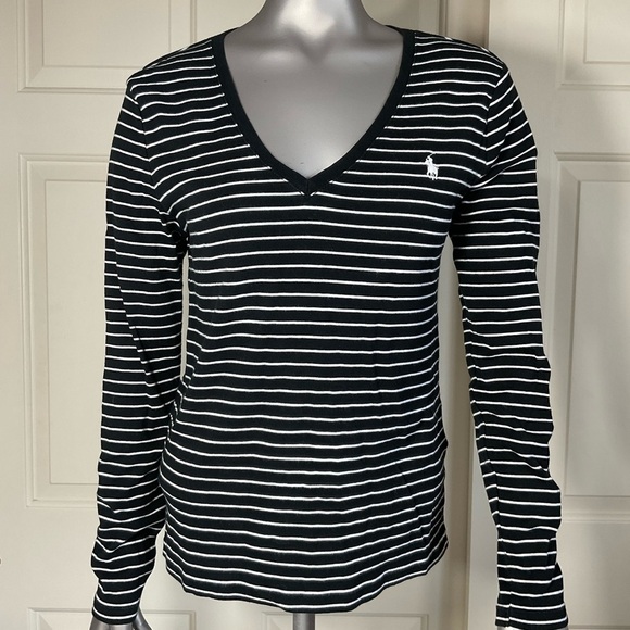 Polo Ralph Lauren Tops - Ralph Lauren Black White Striped Long Sleeve Knit Top Women 100%Cotton Size L